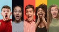 Portrait of group of young people isolated on multicolored studio background, flyer, collage Royalty Free Stock Photo