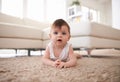 Portrait, growth and baby crawling on floor of living room in home for child development or progress. Adorable, curious