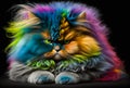 Portrait of a grumpy fluffy rainbow cat. Black background. Created with Generative AI