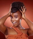 Portrait, hair care and beauty of happy black woman for glow, shine or braids isolated on red studio background. Face Royalty Free Stock Photo