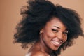 Portrait, hair care and black woman with beauty, afro and smile on a brown studio background. Cosmetics, person and Royalty Free Stock Photo