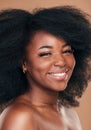 Portrait, hair care and black woman with beauty, shine and wellness on brown studio background. Growth, person or Royalty Free Stock Photo