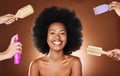 Portrait, hair care and black woman with smile, hair products and happy for styling, joy and confident on brown studio Royalty Free Stock Photo