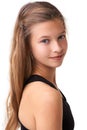 Portrait, hair care and happy child with teen beauty cosmetics, hairstyle treatment and youth with silky texture growth