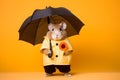 Portrait of a hamster wearing a raincoat and an umbrella in studio, colorful background. Autumn concept. Generative AI