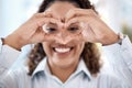 Portrait, hands and heart with woman, smile and joyful for growth, peace and cheerful for development. Female, girl and Royalty Free Stock Photo