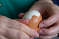 A portrait of the hands of a person peeling the shell of a half peeled hard boiled egg, making it ready to eat for breakfast,