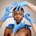 Portrait, hands and plastic surgery for change with a black woman patient in studio on a gray background for cosmetics