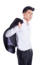 Portrait of handsome man with serious face carrying jacket on shoulder isolated on white background Royalty Free Stock Photo