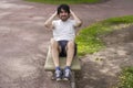 Portrait of handsome attractive mature bearded athletic latin man guy 40s doing sit-ups Royalty Free Stock Photo