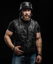 Portrait Handsome Bearded Biker Man in Leather Jacket and Helmet Royalty Free Stock Photo