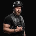 Portrait Handsome Bearded Biker Man in Leather Jacket and Helmet Royalty Free Stock Photo