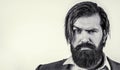 Portrait of handsome bearded man in suit. Male beard and mustache. Sexy male, brutal macho, hipster. Black and white Royalty Free Stock Photo