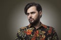 Portrait Handsome Bearded Man Wearing Stylish Color Shirt.Beauty Lifestyle People Concept Photo.Adult Serious Hipster