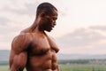 Portrait of handsome black african american bodybuilder on the sunrise sky background Royalty Free Stock Photo