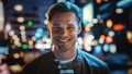 Portrait of Handsome Blonde Man Smiling, Looking at Camera, Standing in Night City with Bokeh Neon Royalty Free Stock Photo