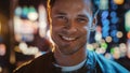 Portrait of Handsome Blonde Man Smiling, Looking at Camera, Standing in Night City with Bokeh Neon Royalty Free Stock Photo