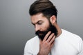 Portrait of handsome brutal masculine young bearded male looking down, touching his beard. posing on a gray studio background. Royalty Free Stock Photo