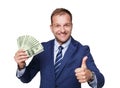 Portrait of handsome businessman showing money dollars fan isolated Royalty Free Stock Photo