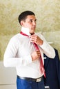 Portrait of handsome businessman in suit putting on necktie indoors Royalty Free Stock Photo