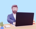 Portrait of handsome cartoon businessman character man over blue background use laptop for presentation. 3d render Royalty Free Stock Photo