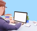 Portrait of handsome cartoon businessman character man over blue background use laptop and white screen for mockup. 3d Royalty Free Stock Photo