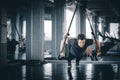 Portrait handsome caucasian young man healthy fitness doing push up at indoor workout in gym. Royalty Free Stock Photo