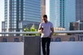 Portrait of handsome confident man in city. Portrait of confident man in modern big american city. Stylish lambersexual Royalty Free Stock Photo