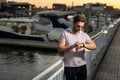 Portrait of handsome confident man in city. Portrait of confident man in modern big american city. Stylish lambersexual Royalty Free Stock Photo