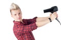 Portrait of handsome guy with hairdryer Royalty Free Stock Photo