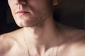 Portrait of a handsome guy with a naked torso. Photo of a close-up in a dark room and light from a lamp. Soft light. Green-eyed br Royalty Free Stock Photo