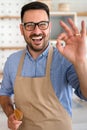 Portrait of handsome happy man cooking at home preparing food in kitchen. Royalty Free Stock Photo