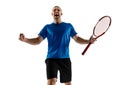 Portrait of a handsome male tennis player celebrating his success isolated on a white background Royalty Free Stock Photo