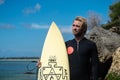 Portrait of handsome man surfer in black wetsuit, holding white surf board  and blue ocean, cliff, rocks behind Royalty Free Stock Photo