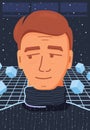 Portrait of a Handsome Pensive, Melancholic Man in a Sweater. Abstract Space Background with Falling Cubes