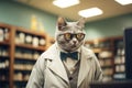 Portrait of a handsome pharmacist working in a pharmacy. Cartoon cat in eyeglasses working in the apothecary. AI