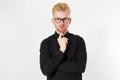 Portrait of handsome red-haired guy on black, hipster posing isolated on white, Isolated studio shot of young handsome redhead Royalty Free Stock Photo