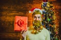 Portrait of handsome Santa man indoors with Christmas gift. Bearded man having fun near Christmas tree indoors. Santa at