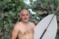 Portrait of handsome shirtless man surfer , holding white surf board and green cactus on background