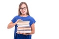 Portrait of student girl holding bunch of books