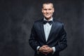 Portrait of a handsome stylish wearing elegant classical suit with a bow tie.