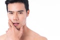 Portrait of Handsome young asian man isolated on white background. Concept of men`s health and beauty, self-care, body and skin