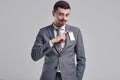 Handsome young arabic businessman with mustache in fashion gray suit Royalty Free Stock Photo