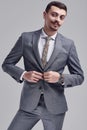 Handsome young arabic businessman with mustache in fashion gray suit Royalty Free Stock Photo