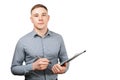 Portrait of handsome young guy holding folder and pen. Isolated on white background Royalty Free Stock Photo