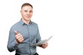 Portrait of handsome young guy holding folder and pen. Isolated on white background Royalty Free Stock Photo