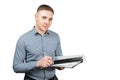 Portrait of handsome young guy holding folder and pen. Isolated on white background Royalty Free Stock Photo