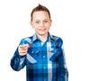 Portrait of a handsome young man looking and pointing to the camera, isolated on a white background Royalty Free Stock Photo