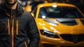 Portrait of a handsome young man in sportswear standing in front of a yellow sport race car. Generative AI Royalty Free Stock Photo