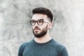 Portrait of a handsome young man standing against gray background. Youth culture. Barbershop Royalty Free Stock Photo